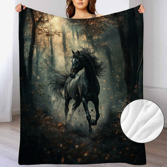 Cozy Fantasy Horse Flannel Throw Blanket - Vintage Misty Forest Design with Majestic Black Horse, Soft & Warm Fuzzy Blanket for Couch, Sofa, Bed, or Camping - Perfect All-Season Gift for Youngsters &