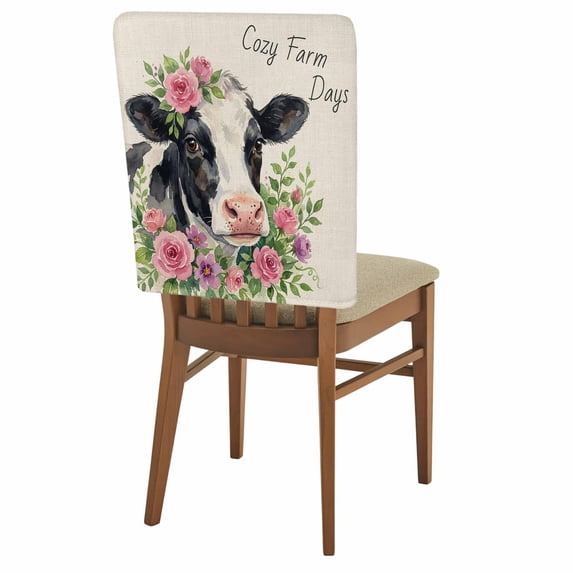 Cozy Farm Days Chair Covers Set of 4 Farmhouse Watercolor Dairy Cow Linen Texture Chair Back Covers Stretch Removable Washable Slipcovers Protector for Dining Room Kitchen Party Decor