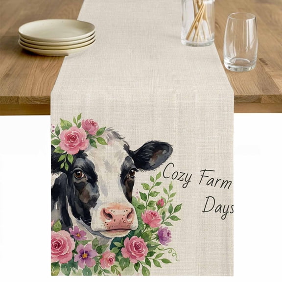 Cozy Farm Days Cow Table Runner - 36 Inch Long Spring Summer Floral Farmhouse Cotton and Linen Blended Dress Scarves Farmhouse Table Runner for Kitchen Dining, Coffee Table, 13" x 36"