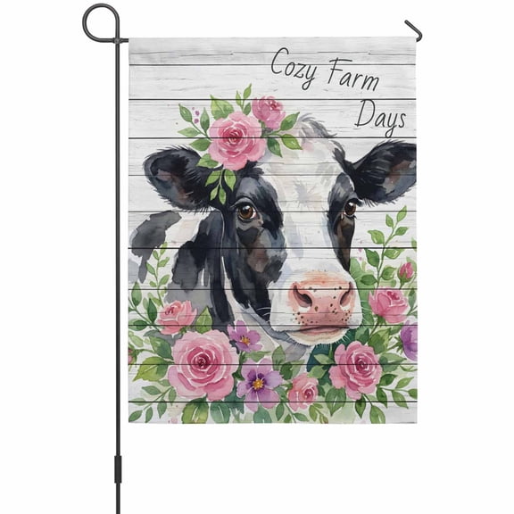 Cozy Farm Days Garden Flag 12 x 18 Inches, Farmhouse Watercolor Dairy Cow Wood Grain Weather Proof Outdoor Patio Flags Double Sided Small Garden Decoration for Yard Outside Home