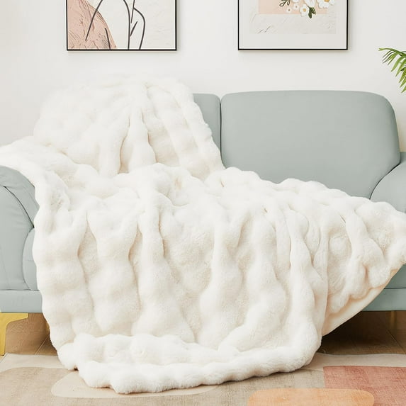 Cozy Faux Fur Blanket Beige Twin Bubble Blankets for Bed Thick Fuzzy Blanket for Couch Sofa Bedroom Warm Plush Blanket for All Seasons Ideal Gifts Luxury Throw Blanket 60x80 Inch, 860gsm