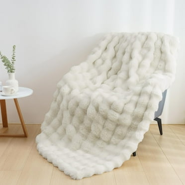 KAMOMA Cozy Faux Fur Throw Blanket for Bed Soft Plush Thick Bubble Blankets, 60" x 80", White