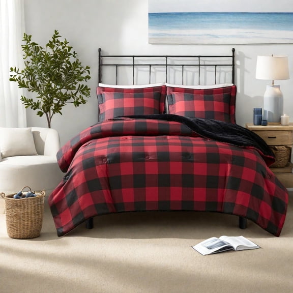 Cozy Faux Wool to Faux Fur Bedding Set Queen Size Modern Plaid Design for Home Comfort