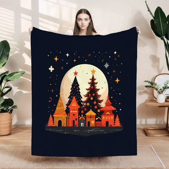 Cozy Festive Flannel Blanket - Soft Warm and Durable with Charming Winter Village Design Perfect for Sofa Travel and Bed