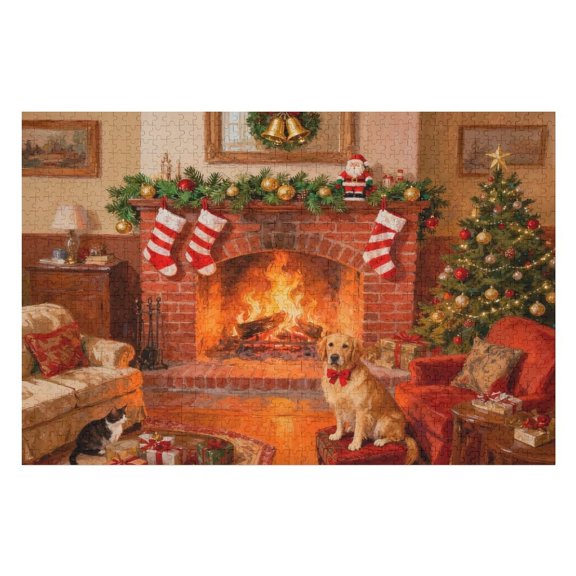 Cozy Fireplace Christmas 1000 Piece Jigsaw Puzzle for Adults Holiday Living Room with Tree Wreath Stockings and Gifts 30x20 in Warm Winter Puzzle Decor