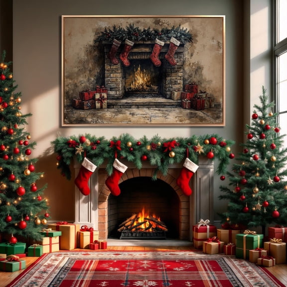 Cozy Fireplace Poster Stocking And Presents Wall Art Rustic Charm Decor Festive Poster Ready To Hang, Unframed Poster Size 12x18