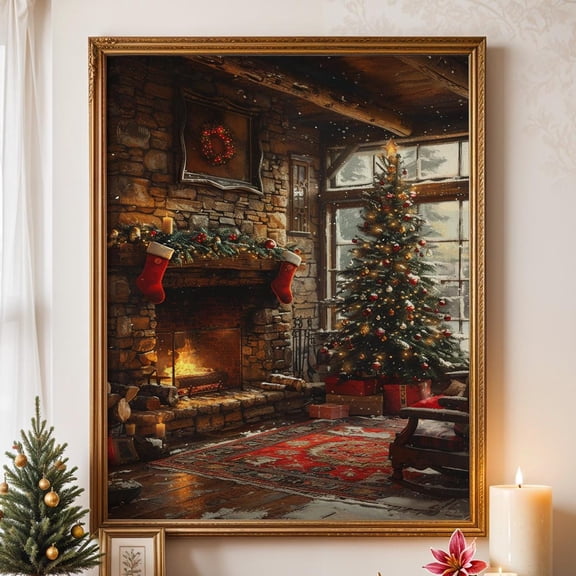 Cozy Fireplace Poster – Winter Tree Wall Art, Posters, Rustic Cabin Decor, Snowy Living Room, Unframed Poster Size 8x12