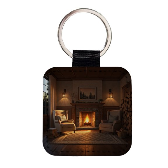 Cozy Fireplace Scene Faux Leather Square Keychain