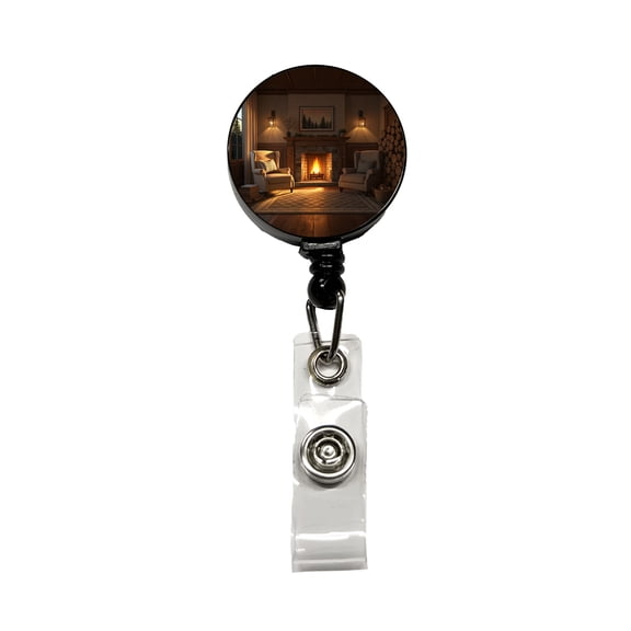 Cozy Fireplace Scene Retractable Reel ID Badge Key Card Name Tag Holder with Clip