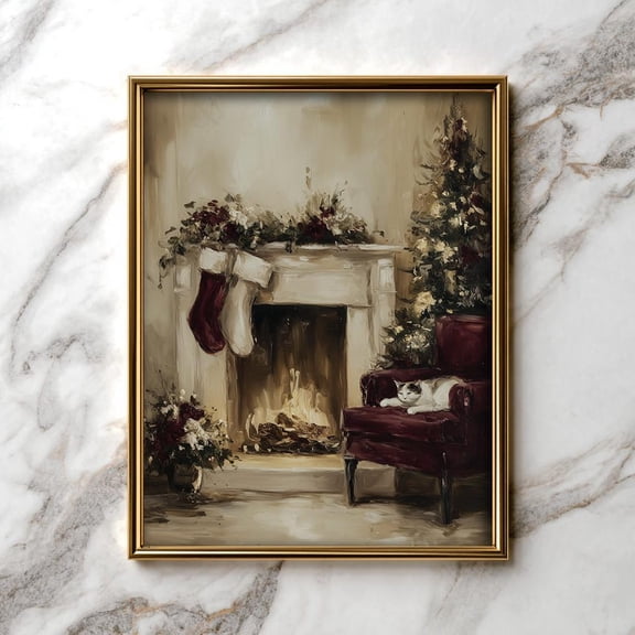 Cozy Fireplace Scene Wall Art - Vintage Rustic Decor, Festive Homey Atmosphere, Wall Art 11, Unframed Poster Size 8x12