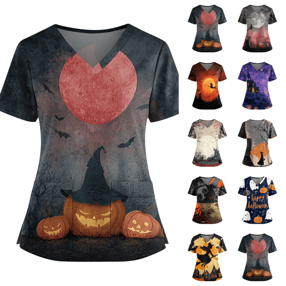 Cozy Fit Plus Size Scrub Shirts for Women Medical Uniforms Tops Halloween Print Scrubs Nurse Vet Pediatric with Design Black S