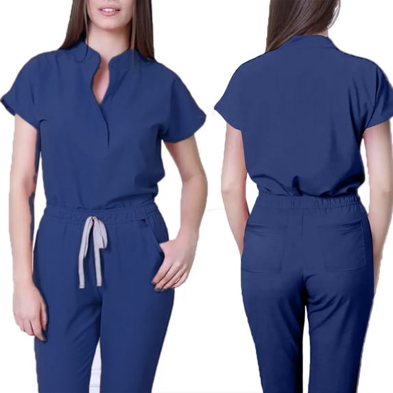 Cozy Fit Scrubs Mock Neck Tops For Women Wrinkle Resistant Soft Scrub Top & Drawstring Jogger Pants 2 Piece Set Blue L