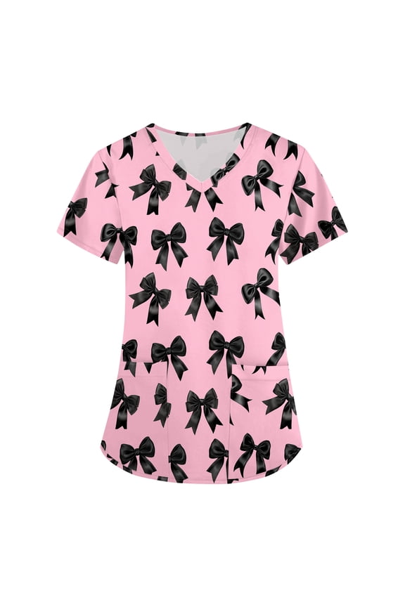 Cozy Fit Scrubs for Women, Medical Uniforms with Dual Pockets Cotton Hemp Blend Uniform Short Sleeve V-Neck Scrub Top Bow Print Healthcare Workwear Christmas Nurse Work Red L