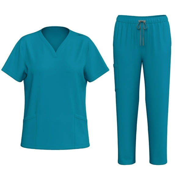Cozy Fit Scrubs for Women Set 2 Piece Outfits Short Sleeve V Neck Maternity Tops Medical Scrubs Wide Leg Uniform Pants Scrub Sets for Women Petite, Sky Blue L