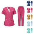 thumbnail image 1 of Cozy Fit Scrubs for Women Set 2 Piece Outfits Short Sleeve V Neck Maternity Tops Medical Scrubs Wide Leg Uniform Pants Uniforms for Women, Hot Pink M, 1 of 3
