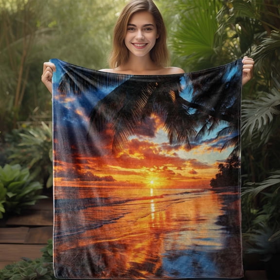 Cozy Flannel Beach Sunset Throw Blanket Soft Warm and Vibrant Tropical Print with Palm Trees and Ocean Waves Perfect for Sofa Bed Car Office Camping or Travel All-Season Gift Beach Towel
