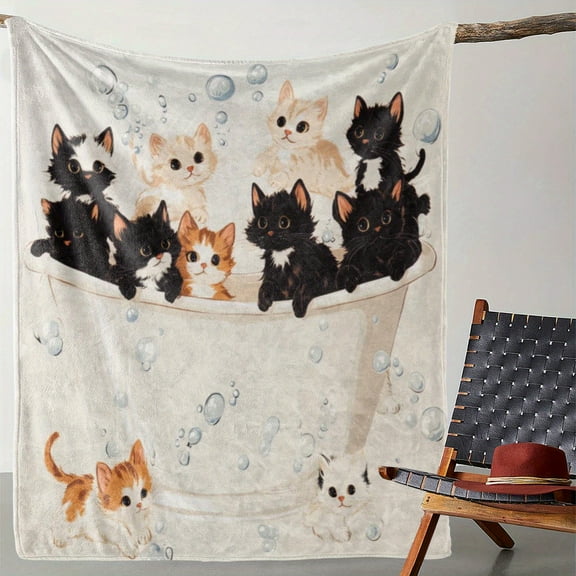 Cozy Flannel Blanket with Adorable Kitten Bathtub Print – Soft, Warm, and Playful Design for Sofa, Bed, Car, Office, Camping, Travel – Perfect Gift for All Seasons, Blanket