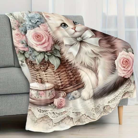 Cozy Flannel Blanket with Adorable Kitten & Roses Design - Soft, Warm, and Tear-Resistant, Perfect for Sofa or Bed Decor, Machine Washable, All-Season Use, Home Decor Blanket