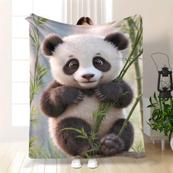 Cozy Flannel Blanket with Adorable Panda Design | Soft, Lightweight Polyester Bedspread for Bed, Sofa, or Camping, Machine Washable, Perfect for All Seasons, 280gsm