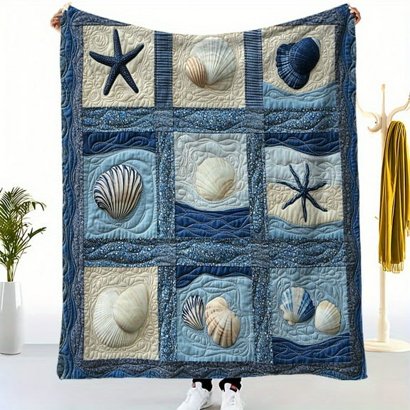 [Cozy Flannel Blanket] Cozy Vintage Nautical Starfish and Seashell Patchwork Flannel Blanket - Soft Polyester Knit Fabric Throw for Sofa, Bed, Office, Car, Camping, and Home Decor | All-Season