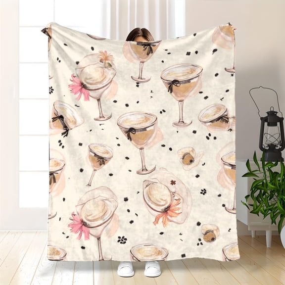 Cozy Flannel Blanket with Elegant Cocktail and Coffee Bean Pattern | Perfect for Bachelorette Parties, Bridal Showers, or Relaxing Nights, 280gsm, Polyester, All Seasons, Contemporary Style