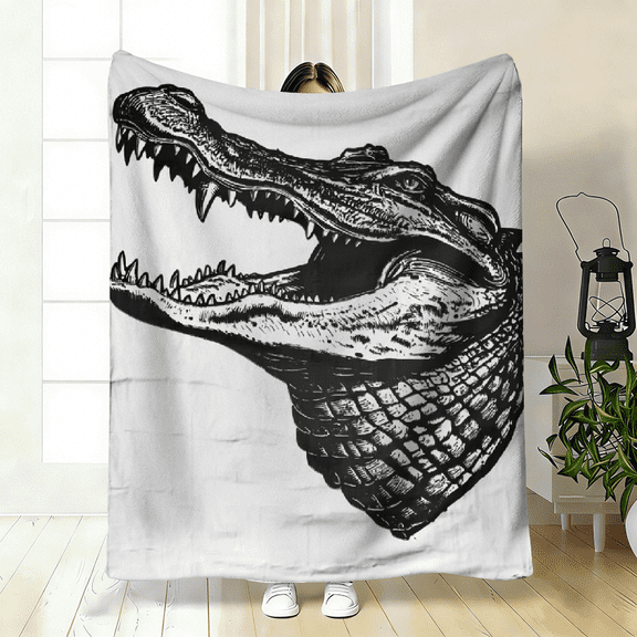 A Cozy Flannel Blanket Featuring a Comfortable Crocodile Theme Pattern, Soft High-Definition Digital Printing in Black And White Animal Design, throw Blanket Suitable for All Year Round.