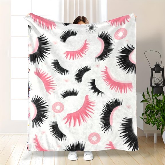 Cozy Flannel Blanket with Pink Eyelash & Lip Print | Soft 280gsm Polyester, All-Season Warmth, Playful Makeup Design, Versatile for Couch, Bed, Picnic, Machine Washable, Ideal Gift for Women Friends