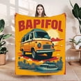 thumbnail image 1 of Cozy Flannel Blanket - Soft Warm Durable Perfect for Sofa Travel Bed & Chair - Vintage Orange Van & Beach Scene Design, 1 of 7