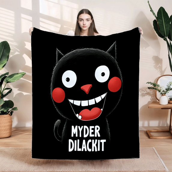 Cozy Flannel Blanket - Soft Warm Durable Perfect for Sofa Travel & Bed - Stylish Black Cat Design with Whimsical Grin