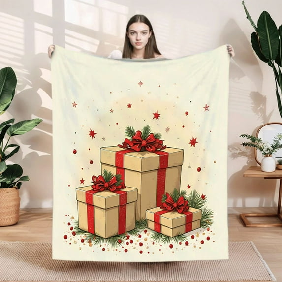 Cozy Flannel Blanket - Soft & Warm Festive Red & Green Holiday Design Perfect for Sofa Travel Bed & Chair - Durable & Stylish