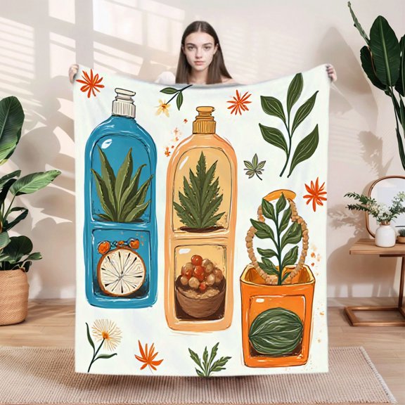 Cozy Flannel Blanket - Soft & Warm Perfect for Sofa Travel & Bed - Features Vibrant Plant Patterns with Colorful Bottles & Nature Elements