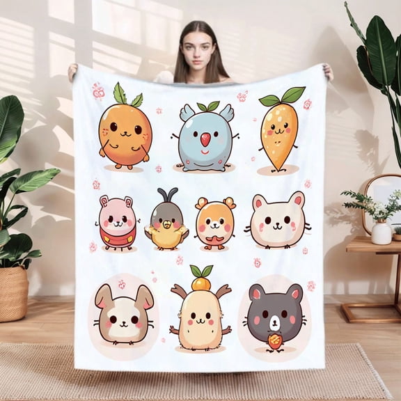Cozy Flannel Blanket with Adorable Cartoon Characters - Soft Warm Perfect for Sofa Travel Bed and Chair - Fun Design