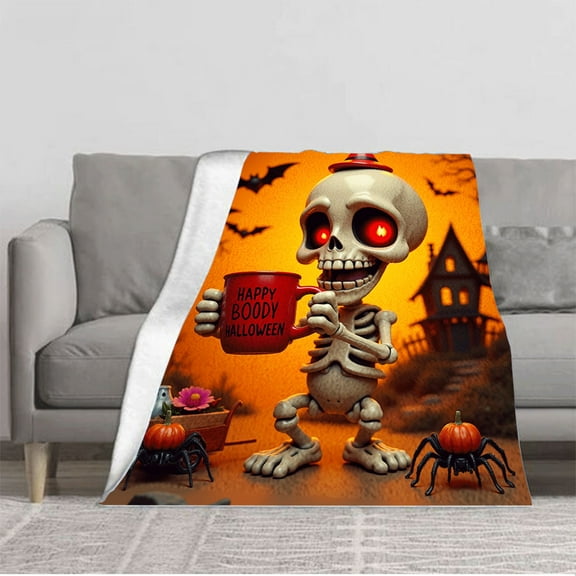 Cozy Flannel Blanket with Cartoon Skeleton Design - Perfect for Halloween Decor Soft & Warm for Sofa Travel Bed or Chair
