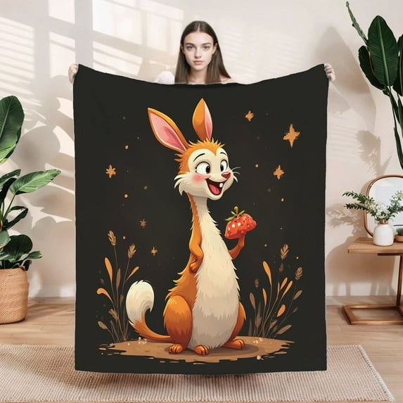 Cozy Flannel Blanket with Cheerful Rabbit & Strawberry Design - Soft Warm Perfect for Sofa Travel Bed or Chair
