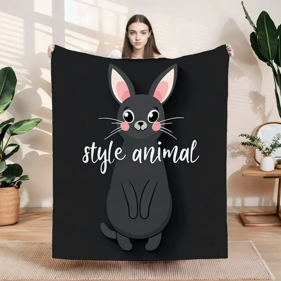 Cozy Flannel Blanket with Cute Black Rabbit Design - Soft Warm Perfect for Sofa Travel Bed and Chair - Stylish Comfort