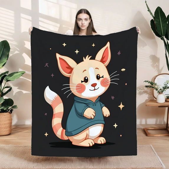 Cozy Flannel Blanket with Cute Cartoon Cat Design - Soft Warm Perfect for Sofa Travel Bed and Chair - Whimsical Starry Background