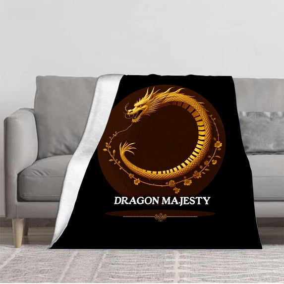 Cozy Flannel Blanket with Elegant Floral Motifs & Golden Dragon Design - Soft Warm Perfect for Sofa Travel Bed or Chair