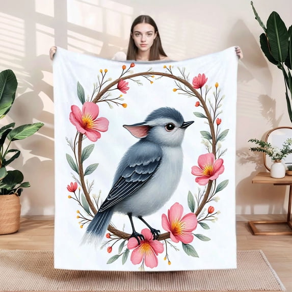 Cozy Flannel Blanket with Floral Wreath Design - Soft Warm Durable Throw for Sofa Travel Bed and Chair - Perfect for Comfort