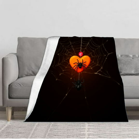 Cozy Flannel Blanket with Heart & Spider Web Design - Soft Warm Throw for Sofa Travel Bed and Chair - Perfect for Halloween