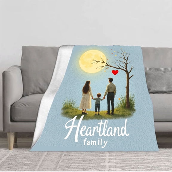 Cozy Flannel Blanket with Heartland Family Design - Soft Warm Durable Throw for Sofa Travel Bed and Chair - Perfect for Comfort