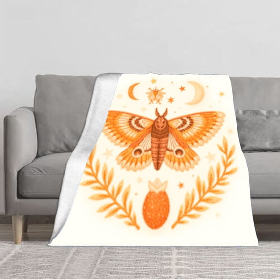Cozy Flannel Blanket with Intricate Moth and Star Pattern - Soft Warm Throw for Sofa Travel Bed and Chair - Perfect for Snuggling
