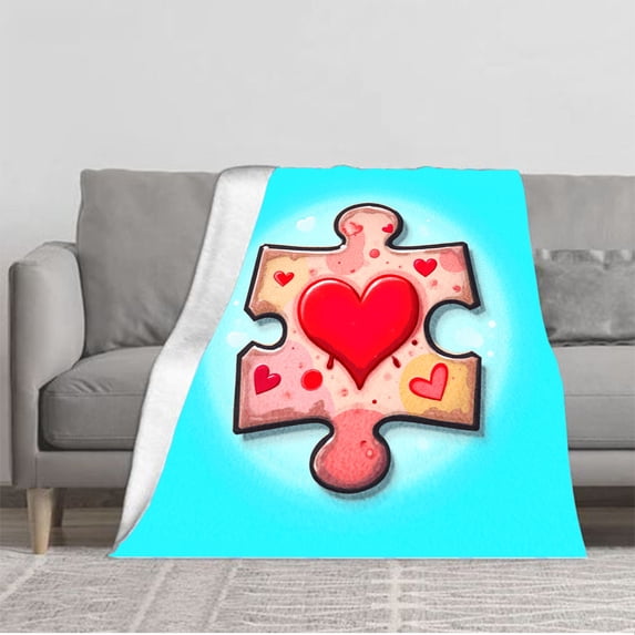 Cozy Flannel Blanket with Playful Puzzle Piece Heart Design - Soft Warm Perfect for Sofa Travel Bed and Chair