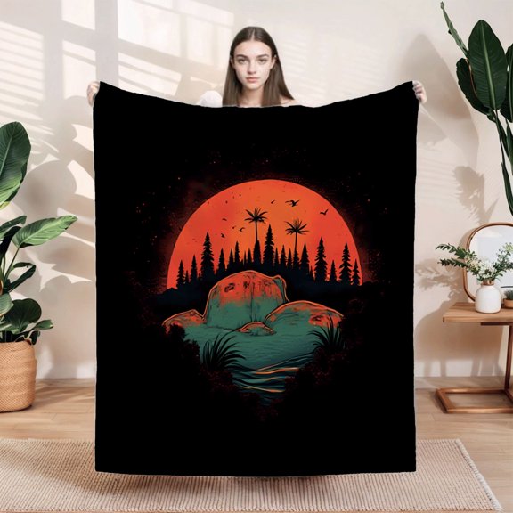 Cozy Flannel Blanket with Serene Landscape Design - Soft Warm Perfect for Sofa Travel Bed or Chair - Tranquil Red Moon & Pine Trees