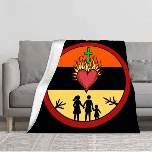 Cozy Flannel Blanket with Vibrant Circular Design: Red Border Green Cross Heart & Flames - Perfect for Sofa Travel & Bed