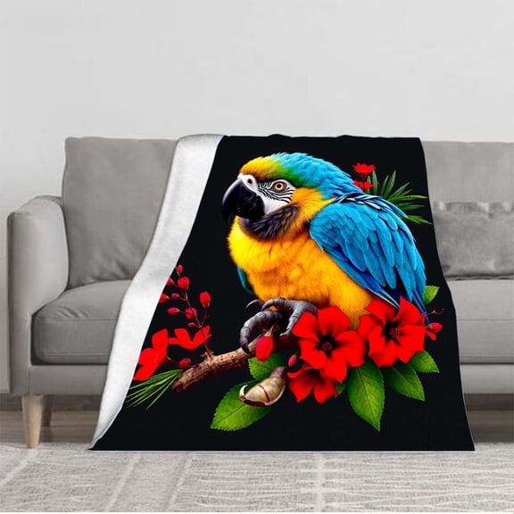 Cozy Flannel Blanket with Vibrant Parrot and Floral Design - Soft Warm Perfect for Sofa Travel Bed and Chair