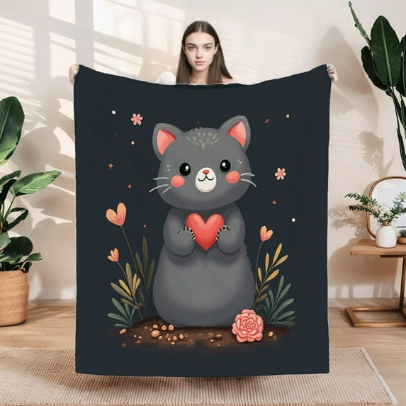 Cozy Flannel Blanket with Whimsical Cat & Heart Design - Soft Warm Perfect for Sofa Travel Bed or Chair - Cheerful Floral Accents
