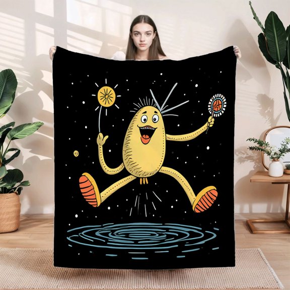 Cozy Flannel Blanket with Whimsical Yellow Egg Character Design - Soft Warm Perfect for Sofa Travel Bed or Chair