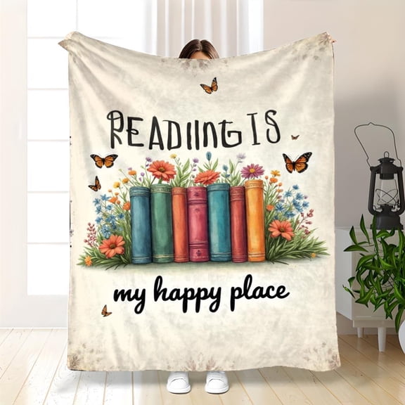 Cozy Flannel Book Lovers Blanket - Reading is my Happy Place Bookshelf Floral Design, Soft All-Season Throw Bedspread for Bibliophiles Readers Librarians Gift (280gsm)