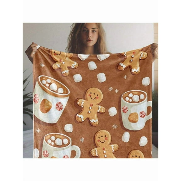Cozy Flannel  Blanket with Gingerbread & Hot Cocoa Print, Soft Warm All-Season Throw for Sofa Bed Car Camping, Holiday Gift with Retro Plush Fabric