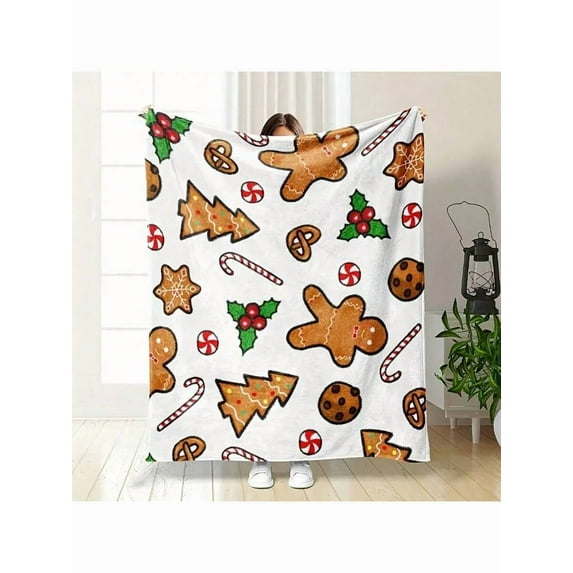 Cozy Flannel Christmas Blanket with Gingerbread & Hot Cocoa Print, Soft Warm All-Season Throw for Sofa Bed Car Camping, Holiday Gift with Retro Plush Fabric